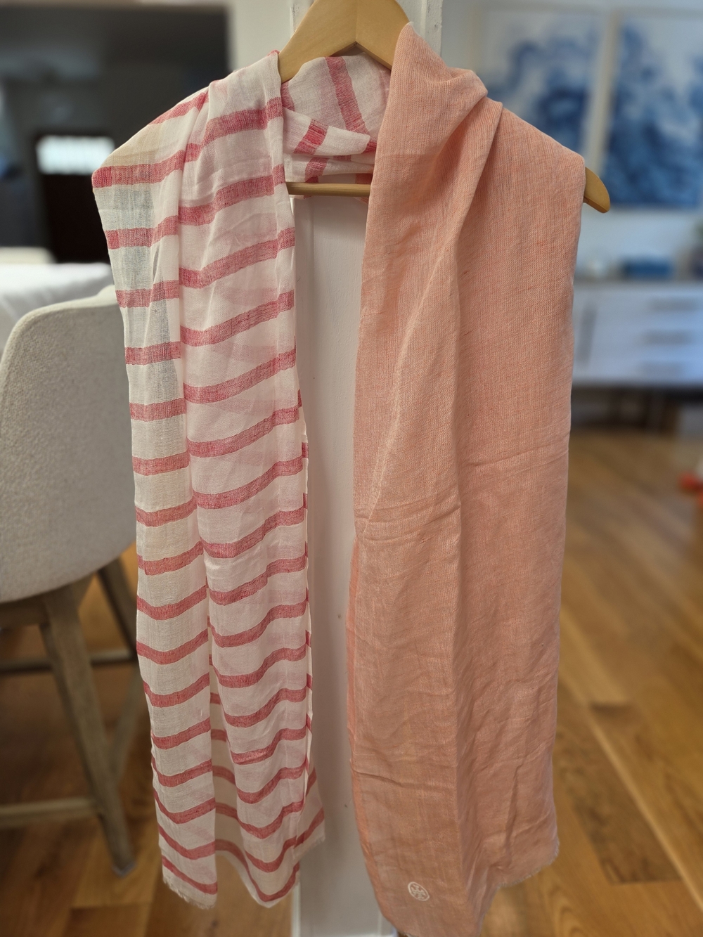 Tory Burch Pink And White Striped and Solid 100% Cashmere Womens Scarf
